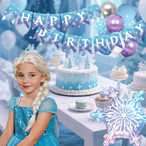 Frozen Birthday Decorations for Women,Happy Birthday Banner,Snowflake Foil Balloon,35 Blue Purple White Balloons,Photo Booth Props for Girls - color: Frozen