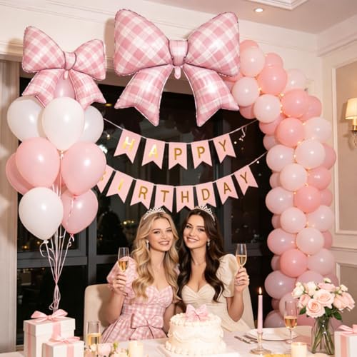 Pink Plaid Bow Balloons, 38 Inch Pink Giant Gingham Checkered Bowknot Foil Balloons for Women Girls Coquette Birthday Baby Shower Bridal Shower Engagement Wedding Picnic Themed Party Decorations - color: Pink Plaid, size: 38inch