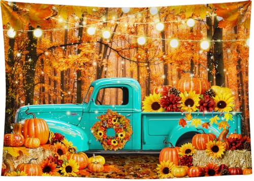 10x8 FT Fall Forest Blue Truck Backdrop Autumn Forest Pumpkin Maple Leaf Sunflower Harvest Theme Photography Background Thanksgiving Party Decorations Banner Portrait Photo Studio Props, Clear - size: 10x8 FT