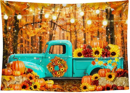 10x8 FT Fall Forest Blue Truck Backdrop Autumn Forest Pumpkin Maple Leaf Sunflower Harvest Theme Photography Background Thanksgiving Party Decorations Banner Portrait Photo Studio Props, Clear - size: 10x8 FT