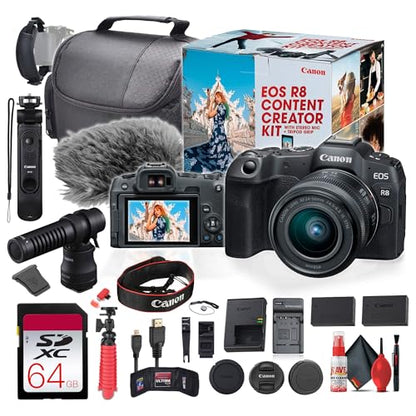 Canon EOS R8 Mirrorless Camera Content Creator Kit with RF 24-50mm f/4.5-6.3 is STM Lens (5803C037) + 64GB Memory Card + LPE17 Battery + Charger + Case + Flexible Tripod + More