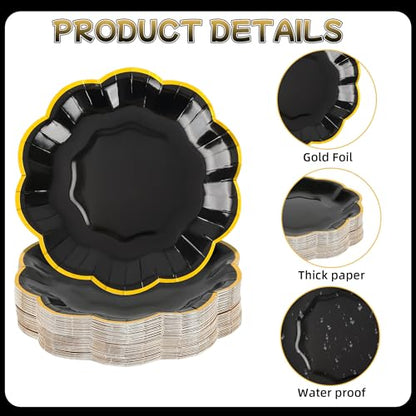 AimFun 48 Pcs Graduation Black and Gold Scalloped Paper Plates 7 Inch Disposable Dessert Plates with Gold Foil Elegant Cake Plate for Wedding Birthday Baby Shower Party Supplies - color: Black