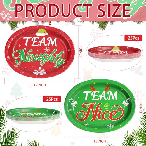 50Pcs Christmas Oval Paper Plates Team Naughty Team Nice Party Decorations 10" x 12" Large Disposable Heavy Duty 400GSM Red and Green Christmas Dinner Plates for Xmas Holiday Cocktail Party Supplies - style: Team Naughty Team Nice Oval Plates