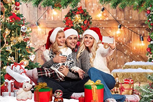 CHAIYA 12x10ft Rustic Christmas Barn Wood Door Backdrop for Photography Xmas Tree Snow Gift Wall Floor Party Photo Background Winter Holiday Family Supplies Banner - size: 12′x10′