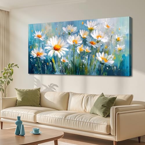 LKY ART Flowers Canvas Print White Daisy Wall Art Blue and Orange Floral Pattern for Living Room Bedroom Home Office Wall Decoration 24" x 48" - color: Orange, size: 48"L x 24"W