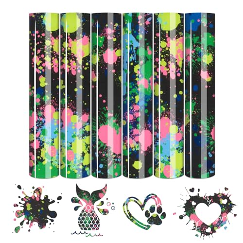 Tintnut Colorful Splash Heat Transfer Vinyl - 6 Sheets 10"x12" Green Watercolor Patterned HTV Iron On Vinyl for T-Shirts & Hats - color: Neon Green-6pcs