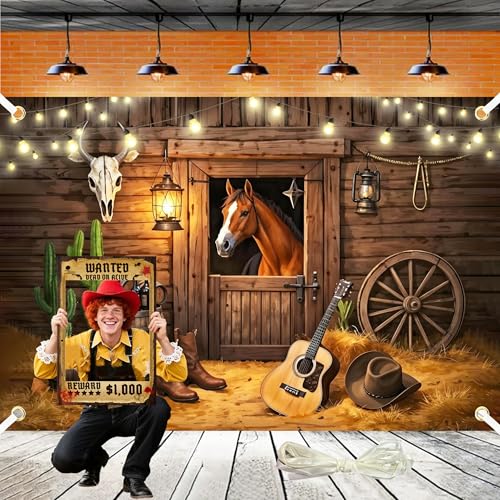 10x6.5Ft Western Photo Backdrop for Photoshoot Cowboy Backdrop Rodeo Theme Party Decorations for Adult Photoshoot Supplies with Ribbon and Wanted Photo Booth - color: Western, size: 10x6.5 Ft