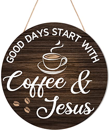 HMASYO Wood Coffee Signs, Good Days Start with Coffee & Jesus, Wood Farmhouse Wall Sign Bar Decor for Kitchen, Home, Office, Cafe Station Housewarming Gift, 12'' x 12'' - color: Good Days Start with Coffee & Jesus-Rustic