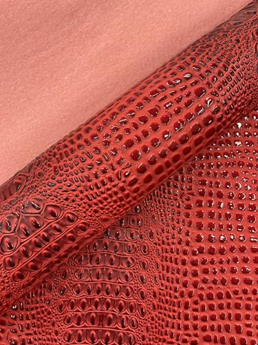 Glossy Two Tone Gator Fake Leather Upholstery, 3D Crocodile Skin Texture Faux Leather PVC Vinyl, 54" Wide (Dragon Red, 18" X 54") - color: Dragon Red, size: 18" X 54"