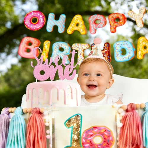 Donut 1st Birthday Decorations for Girls- donut highchair banner 1st birthday girl donut banner,donut cake topper first birthday high chair banner Sweet One Donut Grow Up Party Decorations - color: Donut