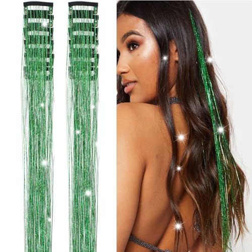 Hair Tinsel Clip in 12 Pcs Glitter Tinsel Hair Extensions 20 Inch Fairy Hair Clip in Hair Tinsel Heat Resistant Sparkly Hair Accessories for Girls Women Kids (Green) - color: Green
