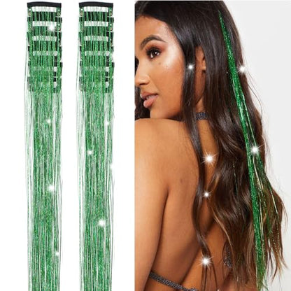 Hair Tinsel Clip in 12 Pcs Glitter Tinsel Hair Extensions 20 Inch Fairy Hair Clip in Hair Tinsel Heat Resistant Sparkly Hair Accessories for Girls Women Kids (Green) - color: Green