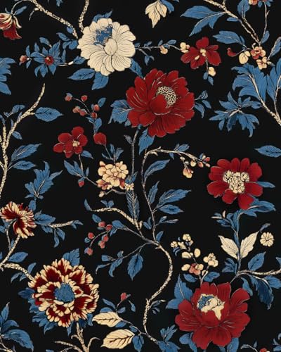Dark Floral Peel and Stick Wallpaper Vintage Boho Leaf Contact Paper Red Flower Wall Mural Home Vinyl Waterproof Self Adhesive Removable Renter Friendly Wall Paper 17.5" x 118" - color: Black and Red, size: 17.5" x 118"