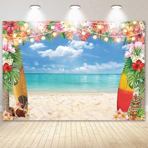 12X8FT Summer Hawaiian Luau Beach Backdrop for Photography Tropical Flower Luau Hawaiian Party Decorations Aloha Blue Sky Ocean Palm Leaves Background Supplies Photoshoot - size: 12'x8'