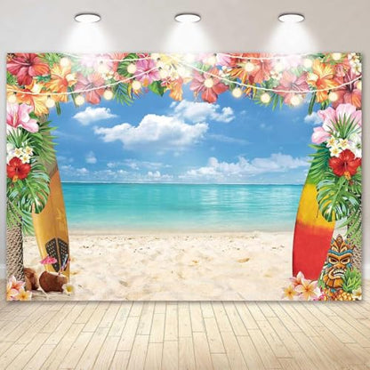 12X8FT Summer Hawaiian Luau Beach Backdrop for Photography Tropical Flower Luau Hawaiian Party Decorations Aloha Blue Sky Ocean Palm Leaves Background Supplies Photoshoot - size: 12'x8'