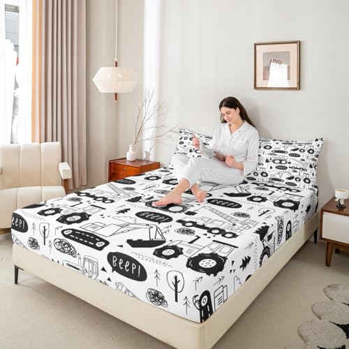 Manfei Cartoon Cars Kids Fitted Sheet Twin Size,Tractor Truck Excavator Toddler Bedding Set,Girls Boys Adults Room Decor,Construction Vehicles Bed Cover,Black White Chic Bed Sheet,1 Pillowcase - color: Multi 24, size: TWIN (W39*L75*H16")