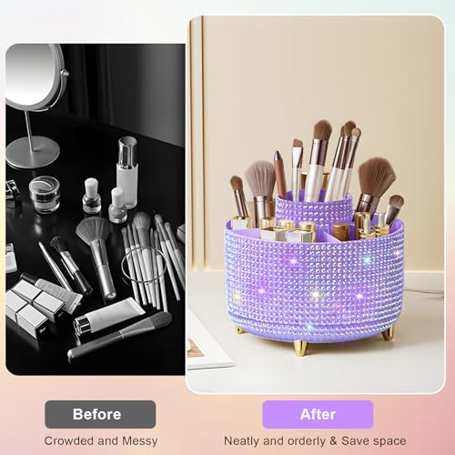 Diesisa Bling Diamond 360° Makeup Brush Holder Organizer, Rotating Makeup Brush Organizer,5 Slot Make up Brushes Cup for Cosmetics, Vanity Desktop Organizer, Gift for Women Teen Girls- Diamond Purple - color: Diamond Purple