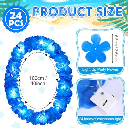 Sherr 24 Pcs LED Leis Light Up Wedding Hawaiian Leis Flower Necklace with LED Lights Beach Tropical Carnival Party Wedding Supplies Luau for Masquerade(Bright Blue) - color: Bright Blue