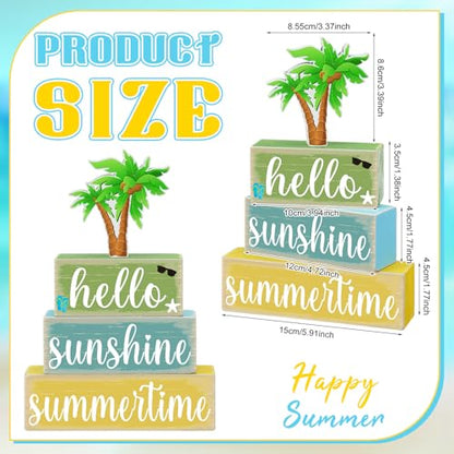 GlikCeil 4 Pcs Summer Wooden Tabletop Decor Hello Summer Tiered Tray Decor Sunshine Centerpiece Rustic Summertime Decorative Block Sign Gift Farmhouse Rustic Table Decoration for Home Kitchen Decors - style: Coconut Tree