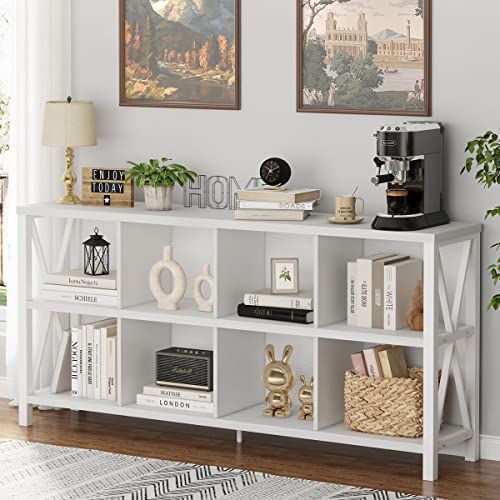 FATORRI 8 Cube Storage Organizer Bookshelf, 62 Inch Modern Wood Horizontal Bookcase, Farmhouse Cube Long Book Shelf, TV Console Stand for Living Room (White Oak) - color: White Oak