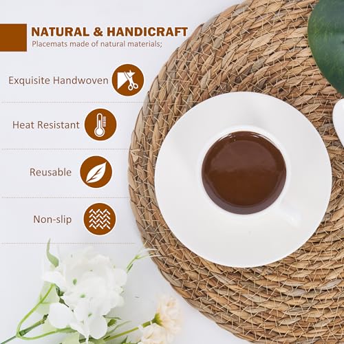 GENMOUS Woven Placemats Set of 12, 13" Round Placemats Natural Water Hyacinth Boho Placemats,Farmhouse Rattan Chargers for Dinner Plates,Rustic Braided Wicker Table Mats for Dining Table,Home,Wedding - size: 13inch, Set of 12