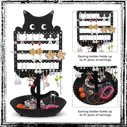 Cat Earring Holder Organizer Stand, Black Metal Jewelry Display Rack with Multiple Holes Hooks for Studs, Hoops, Necklaces, Bracelets, Rings, Cute Cat-Shaped Vanity Earring Tree for Girls