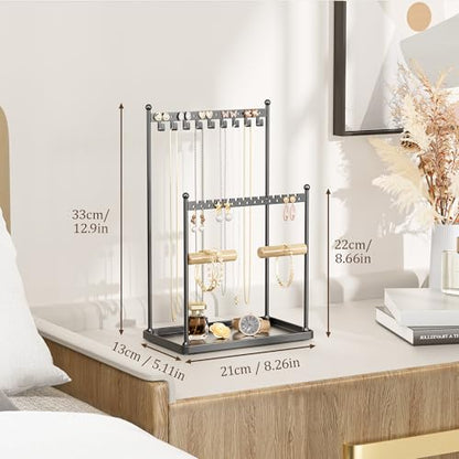 3 Tier Black Jewelry Stand, Necklace Organizer, Earring Holder with 44 Holes and 9 Hooks, for Necklaces, Bracelets, Rings - color: Black