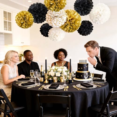 NICROLANDEE Black and Gold Party Supplies for 2026 Graduation - 12PCS Tissue Pom Poms 12" Decorative for Graduation, Wedding, Milestones Birthday for Men Women, Retirement Party, New Years Eve Party - style: Black Gold