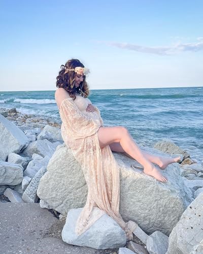 Saslax Soft Stretchy Lace Off Shoulder Doubly Split A-line Skirt Maternity Dress Pregnancy Maxi Gown for Photoshoot - color: Champagne, size: X-Large