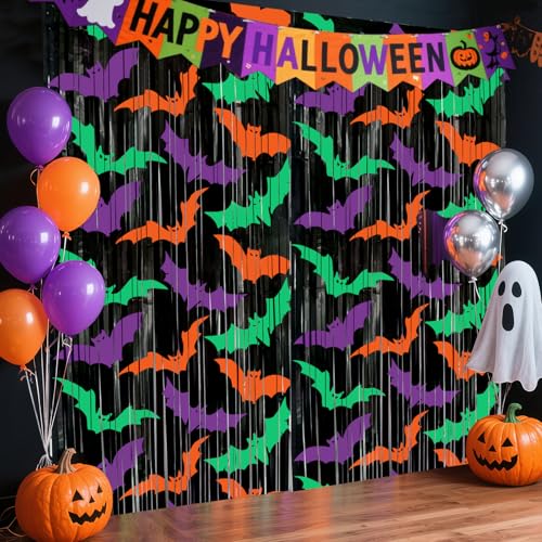 2 Packs Bat Foil Fringe Curtains - Purple Orange Green Halloween Door Streamers for Photo Backdrop, 3.3 x 6.6 ft Tinsel Curtains for Beetlejuice, Monster or Neon Glow Party Decorations - color: Purple, Green, Orange