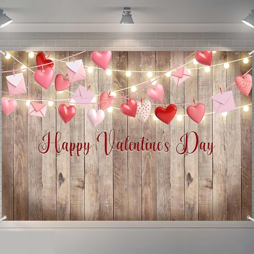 Rustic Valentine's Day Photography Backdrop 72 x 44 Inch - Wooden Happy Valentine's Day Banner with Hearts & Lights for Romantic Shoots - color: Wooden