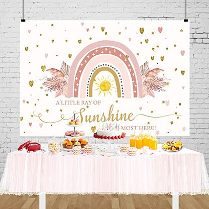 Boho Rainbow Baby Shower Backdrop 8x6ft A Little Ray of Sunshine is Almost Here Boho Pampas Baby Shower Party for Girl Cake Table Background Kids Artistic Portrait Photo Studio Booth Props - size: 8x6ft
