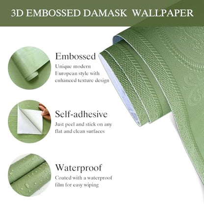 JiffDiff Wallpaper Peel and Stick Textured,3D Embossed Wall Paper Stick on Wallpaper Modern Waterproof Self Adhesive Contact Paper(17.3" x 120") - color: Green, size: 17.3" x 120"
