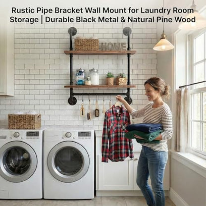 ROGMARS Industrial Pipe Shelving Bathroom Pipe Shelves with Towel Bar Over Toilet, 24 inch Pine Wood Floating Shelves for Wall Mounted Bedroom,Kitchen, Farmhouse, Living Room - color: Rustic Brown, size: 24 Inch 2 Tier