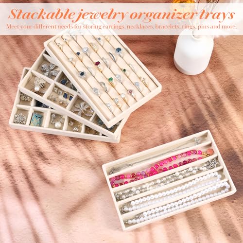 9 Pcs Stackable Jewelry Organizer Trays Velvet Jewelry Organizer for Drawer Adjustable Earring Necklace Ring Bracelet Display Storage Case, Beige