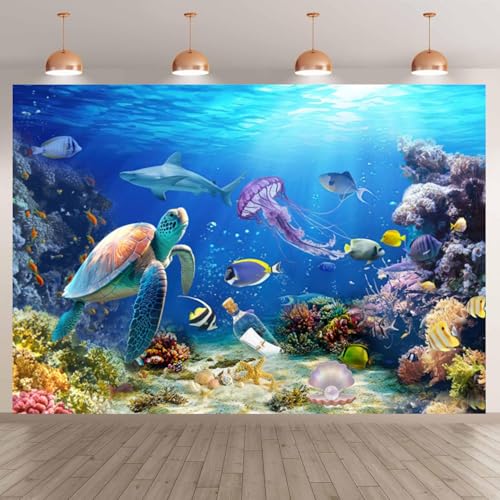 deFouliao Under The Sea Backdrop Ocean Underwater World Turtle Dolphin Fish Drifting Bottle Background for Baby Shower Birthday Party Decorations Photo Banner Props, 6x4ft - color: Dark Blue, size: 6x4ft