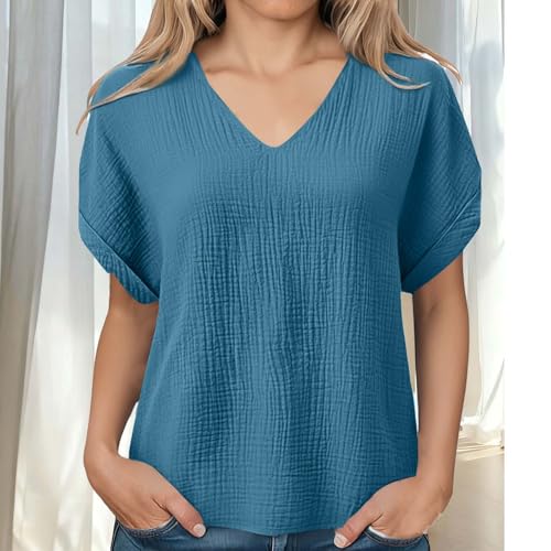 Womens Shirts Cotton Linen v Neck Short Sleeve Blouses Casual Loose Fit Textured Summer Pullovers Daily Wear - color: A04-navy, size: Large