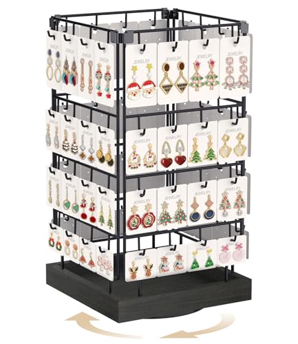MODOWEY 360 Rotating Earring Cards Organizer Holder Stands for Selling Vendors, 64 Hooks Jewelry Display Tree, Large Capacity Storage Wood Rack Tower Women Dresser Stud Pierced, Black - color: Black