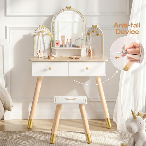 ROBUD Kids Vanity Table and Chair Set, Girls Vanity Set with Mirror, Pretend Play Kids Vanity, Makeup Dressing Table with Drawer and Accessories, Age 3+ (Platinum) - color: Platinum