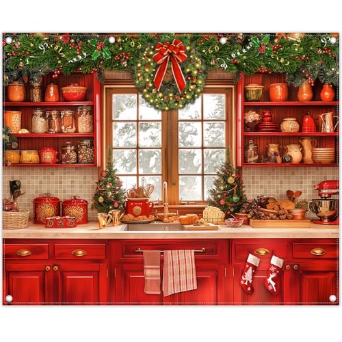 Fabric 10x8ft Christmas Kitchen Photography Backdrop Cabinets Window Winter Snow Scene Background Xmas Family Party Decoration New Year Photo Banner Props - size: 10'x8'
