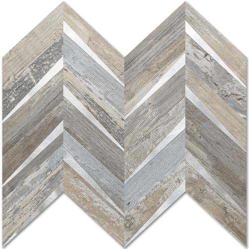 DICOFUN 10-Sheet Herringbone Peel and Stick Backsplash for Kitchen, Distressed Wood Wood Look PVC Mixed Metal Chevron Stick on Backsplash Wall Tiles - color: Distressed Wood and Metal Silver, size: 10 Sheets, 12"x12"x0.12"