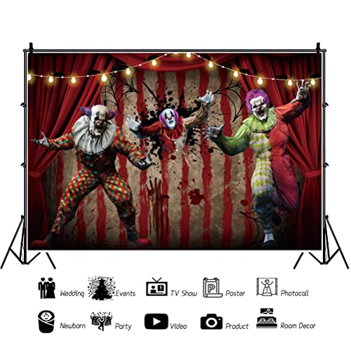 AOFOTO 8x6ft Scary Clown Decorations Backdrop Horror Circus Theme Halloween Photography Backdrop Giant Evil Clown Creepy Bloody Zombie Background Carnival Hallowmas Party Banner Photo Studio Props - size: 8x6ft