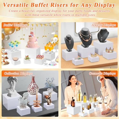 6 Pcs White Acrylic Buffet Risers with Mini Sign and Maker, Food Display Stands for Buffet Table Party Catering Dessert Jewelry Collectibles,Nesting Cube Boxes with Hollow Bottoms (8",7",6",5",4",4") - size: 8" 7" 6" 5" 4" 4"