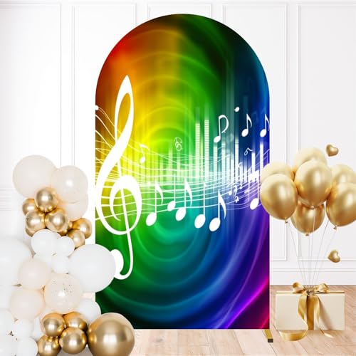 7.2FT Wedding Arch Backdrop Cover Rainbow Music Party Music Symbol Musical Notes Treble Clef Sound Waves Spandex Fitted Round Top Backdrop Stand Cover for Ceremony Banquet Birthday Party Decoration - color: Color9, size: 7.2FT x 4FT