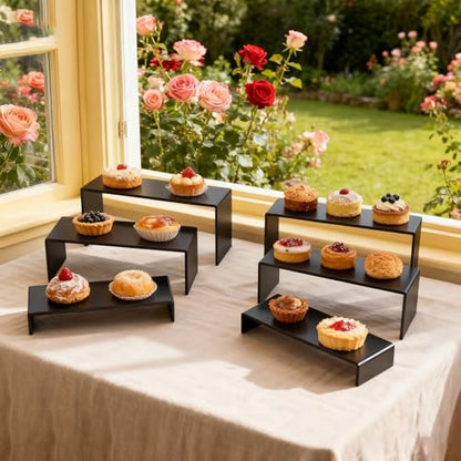 6 PCs Risers Display Stands 3 Tiers Desktop Acrylic Shelves Cake Dessert Holder Products Stand for Collectibles Shoes Jewels Pop Figure （Black） - color: Black 6 PCs