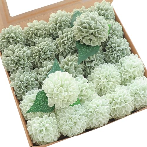 Floroom Artificial Dahlia Flowers 25pcs Real Looking Sage Green & Mint Green Foam Fake Roses with Stems for DIY Wedding Bouquets Bridal Shower Centerpieces Floral Arrangements Party Tables Decoration - color: Sage Green & Mint Green