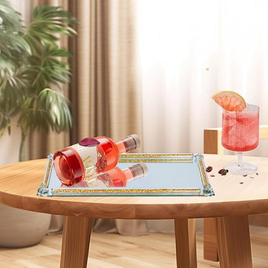 Glass Perfume Tray, 13.8" x 5.9" Golden Crystal Mirror Perfume Tray for Vanity Jewelry Trinket Cosmetic Makeup Display Serving Trays for Dresser Crushed Diamond Home Decor Countertop Organizer - color: Golden