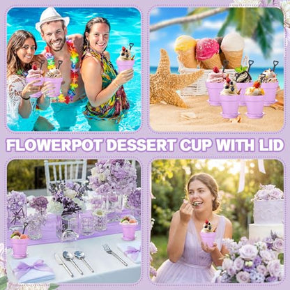 Honeydak 25 Pack Flowerpot Dessert Cup Plastic Cake Cups with Lid Shovel Spoon Mini Flower Pot Dessert Cups Ice Cream Yogurt Cupcake Holder Containers for Birthday Party Supplies DIY Baking (Purple) - color: Purple