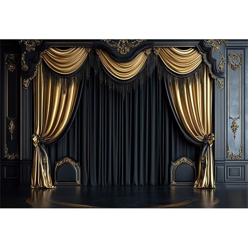 Royal Black Wall Backdrops 9x6ft Gold Curtain Luxury Theater Stage Background VIP Shows TV Shows Backdrops Wedding Birthday Party Decors Graduation Ceremony Banner Photo Studio Props - color: black and gold, size: 9x6ft