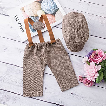 Newborn Monthly Baby Photo Props Stripe Checked Flat Cap Newsboy Suspender Pants Romper for Photography Outfits - color: Coffee